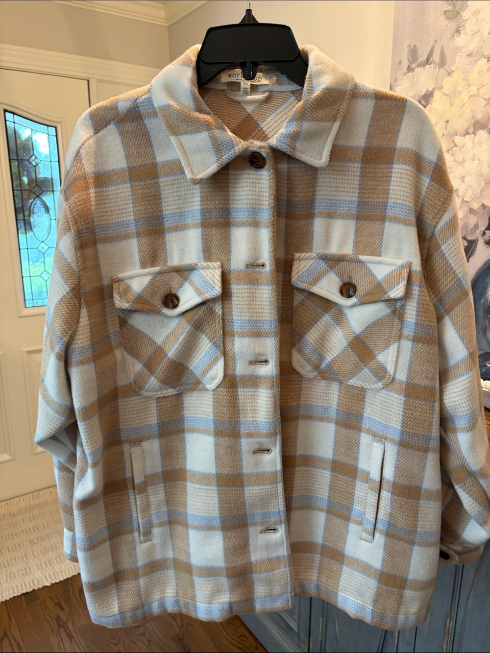 Workshop Republic Clothing Plaid Utility Shacket in Cream and Tan